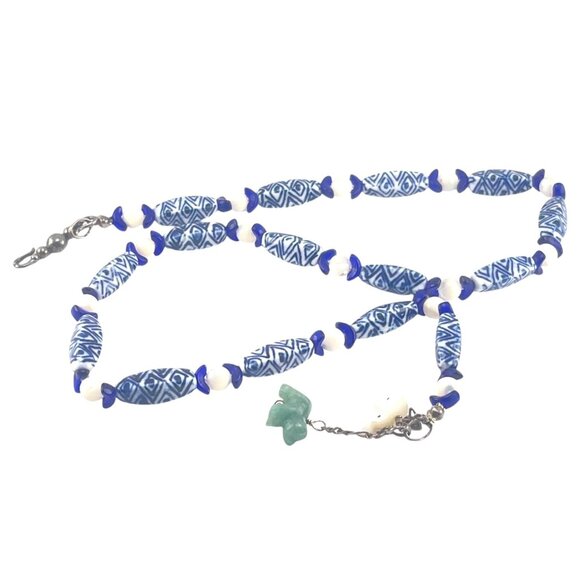 Handcrafted Blue & White Beaded Necklace With Jade Elephant Charm - Picture 6 of 11